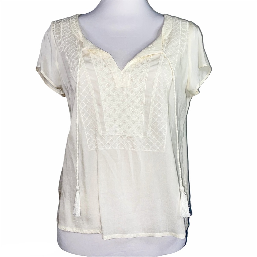 AE American Eagle Boho Top Shirt Embroidered NEW S Cream Bib Short Sleeve Small